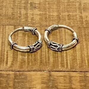 Vintage Boho 925 Silver Ornate Huggie Earrings